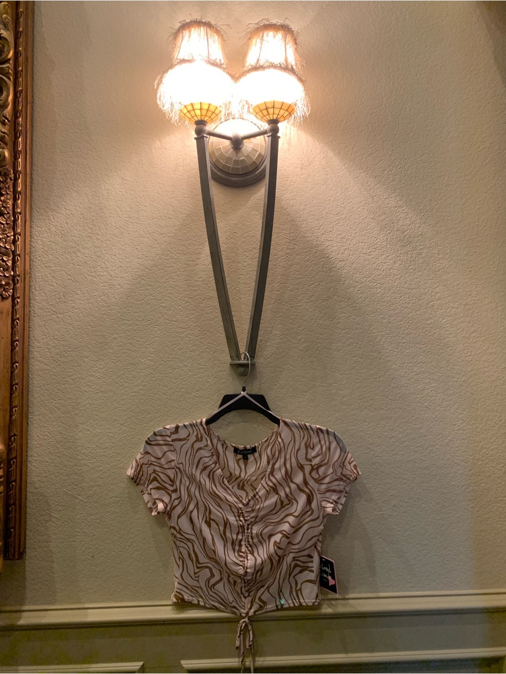 Sacred Threads Brown & Cream Marble-Print Tie-Front Crop Top